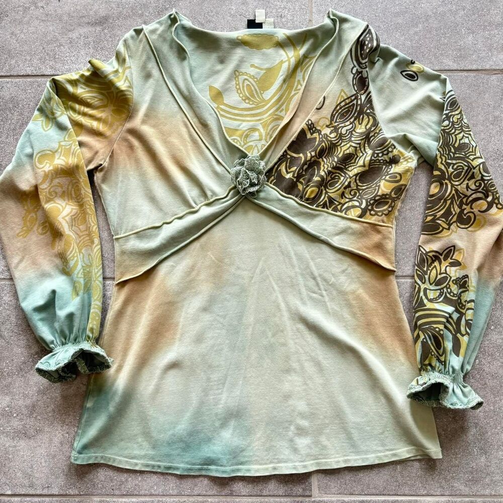 Y2K Boho Mint Green Paisley Top Fairycore Cottagecore Vintage Hippie Style Sz M